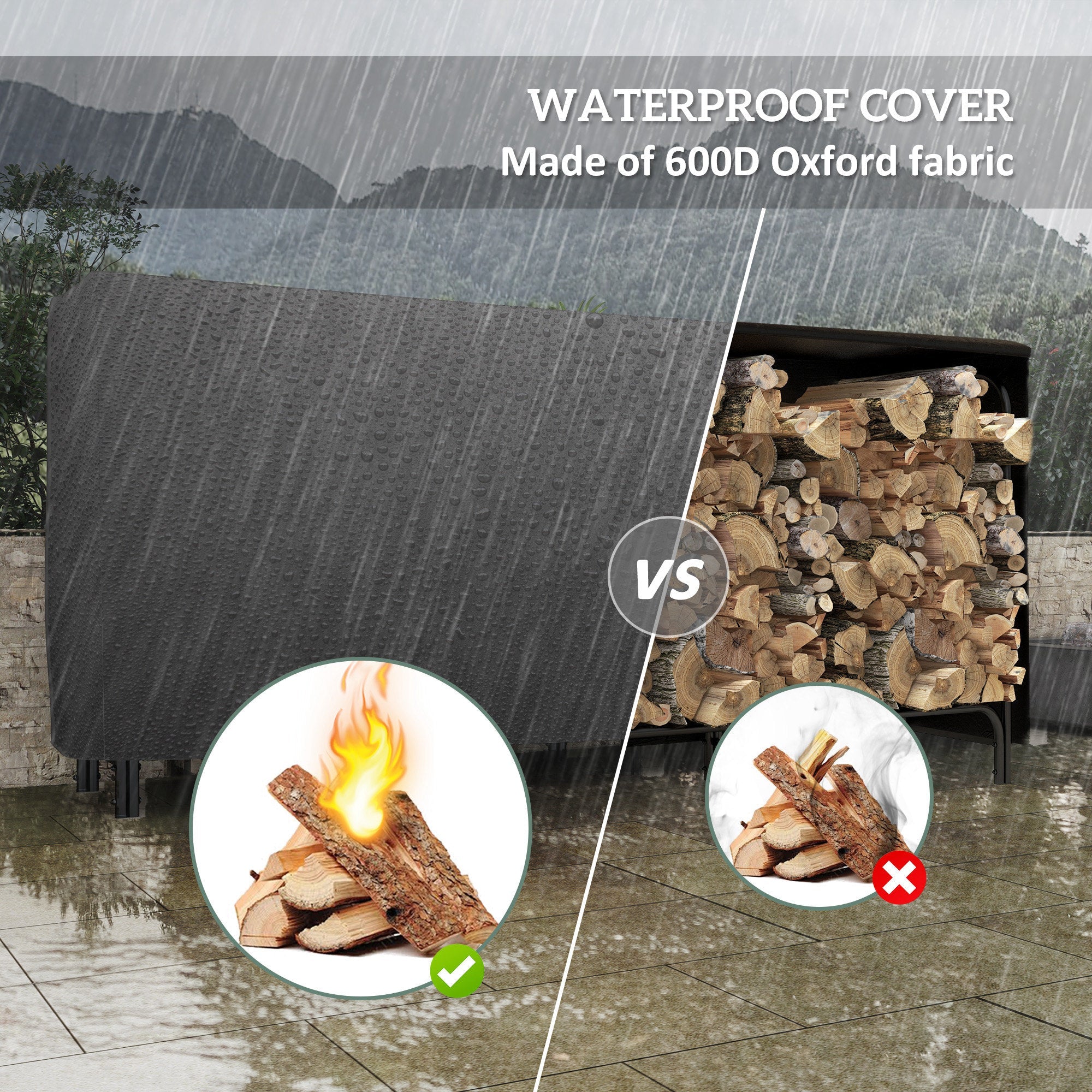 Outsunny 8ft Outdoor Firewood Rack with Cover and Carrier, Adjustable Wood Storage Holder, Indoor Outdoor Log Rack, Black 