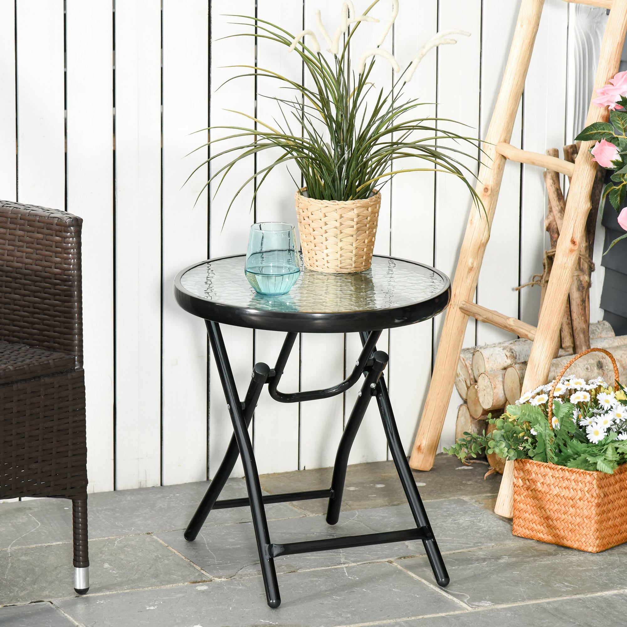 Outsunny Compact Foldable Garden Table Φ17.75" Round Dining Safety Buckle Glass Top Metal Edge Outdoor Furniture 