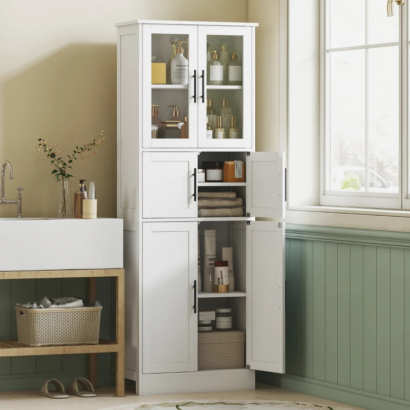 67" Tall Bathroom Storage Cabinet, Modern Freestanding Bathroom Cabinet with Glass Doors and Adjustable Shelves, White