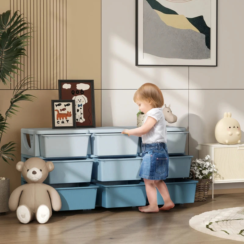 Qaba 3 Tier Kids Toy Organizer and Storage Bins with 9 Plastic Drawers, Blue