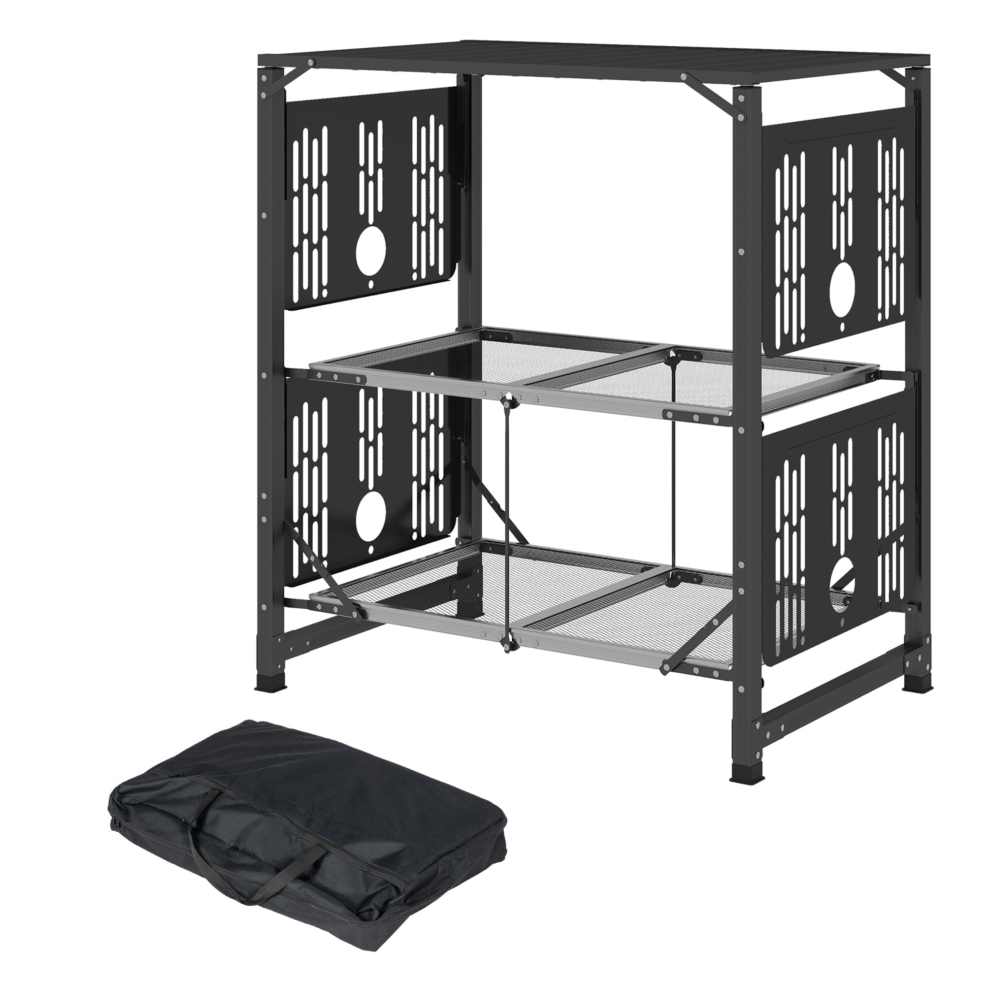 Outsunny Aluminum Folding Camping Kitchen Cook Station Carrying Bag 4 Side Tables 2 Shelves BBQ RV Picnic Black 
