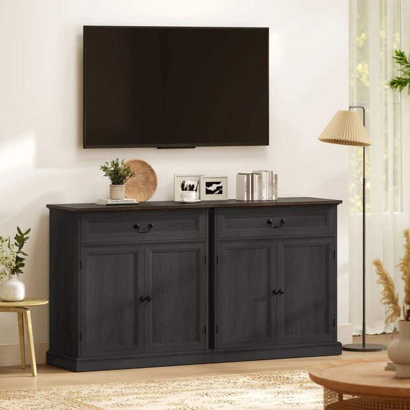 Buffet Cabinet, 32" Farmhouse Sideboard with Thick Top, Quiet Drawer and Adjustable Shelf, Black Wood Grain