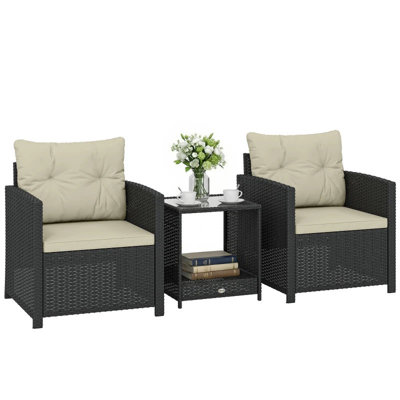 Outdoor Bistro Set, 3 Piece Wicker Patio Furniture Set with 2-Tier Glass Top Table, Cushions for Porch, Balcony, Beige