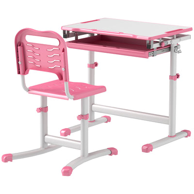 Qaba Height Adjustable Study Table and Chair Set with Drawer, Pen Slot, Tiltable Desktop, Hook, Pink 