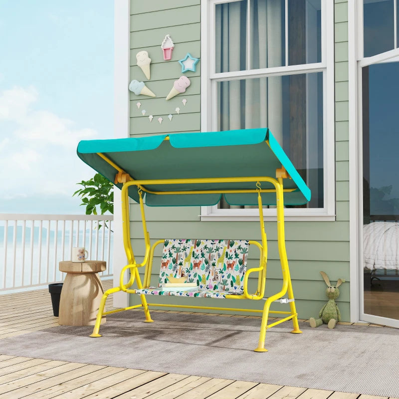 Qaba Kids Porch Swing, 2-Seater Patio Swing Bench with Safety Belts, Adjustable Canopy for Backyard, Garden, Green