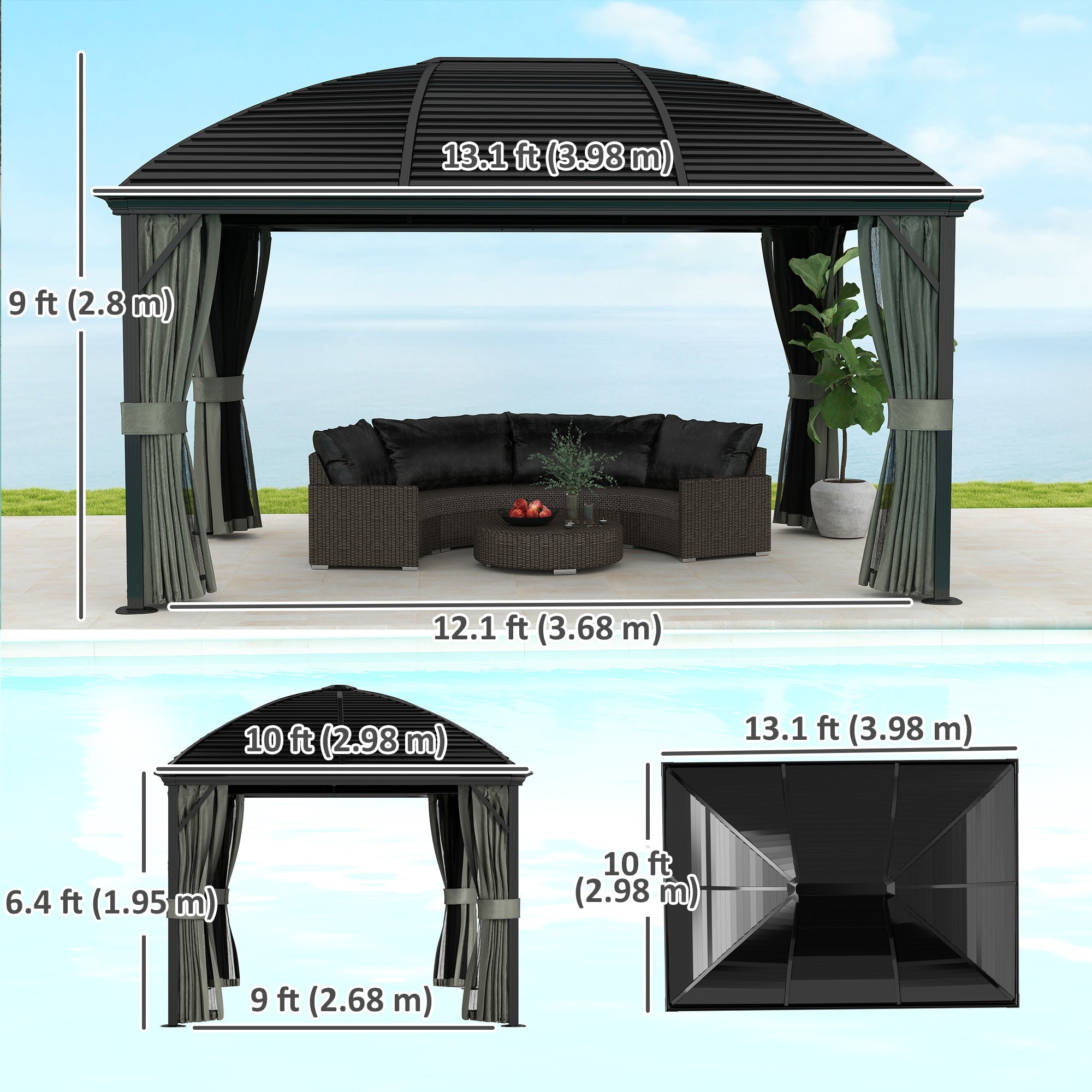 Outsunny 10' x 13' Hardtop Gazebo Aluminum Outdoor Canopy with Mesh Nettings, Curtains, Dark Grey 