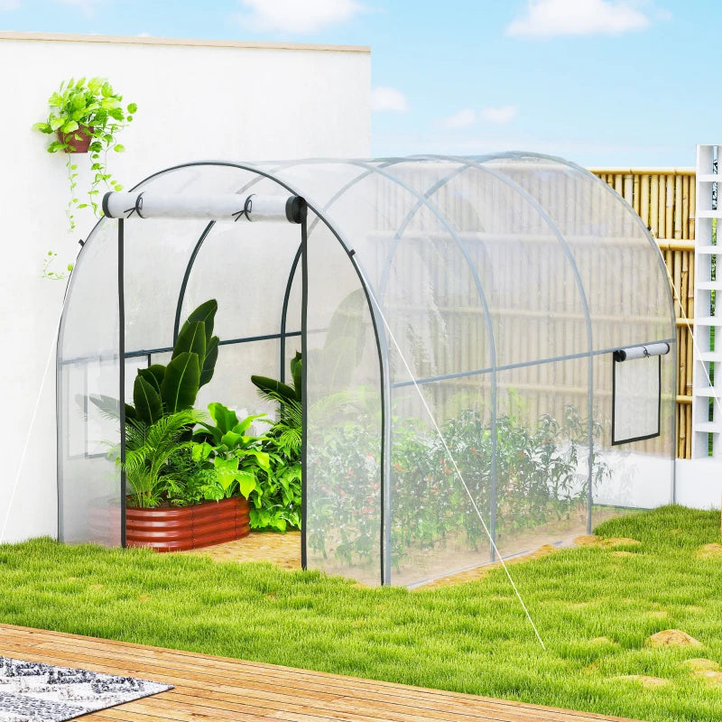 Polytunnel Greenhouse with Roll-up Door and Mesh Window, Walk-in Grow House Tent with Steel Frame, 3 x 2 x 2 m, Clear