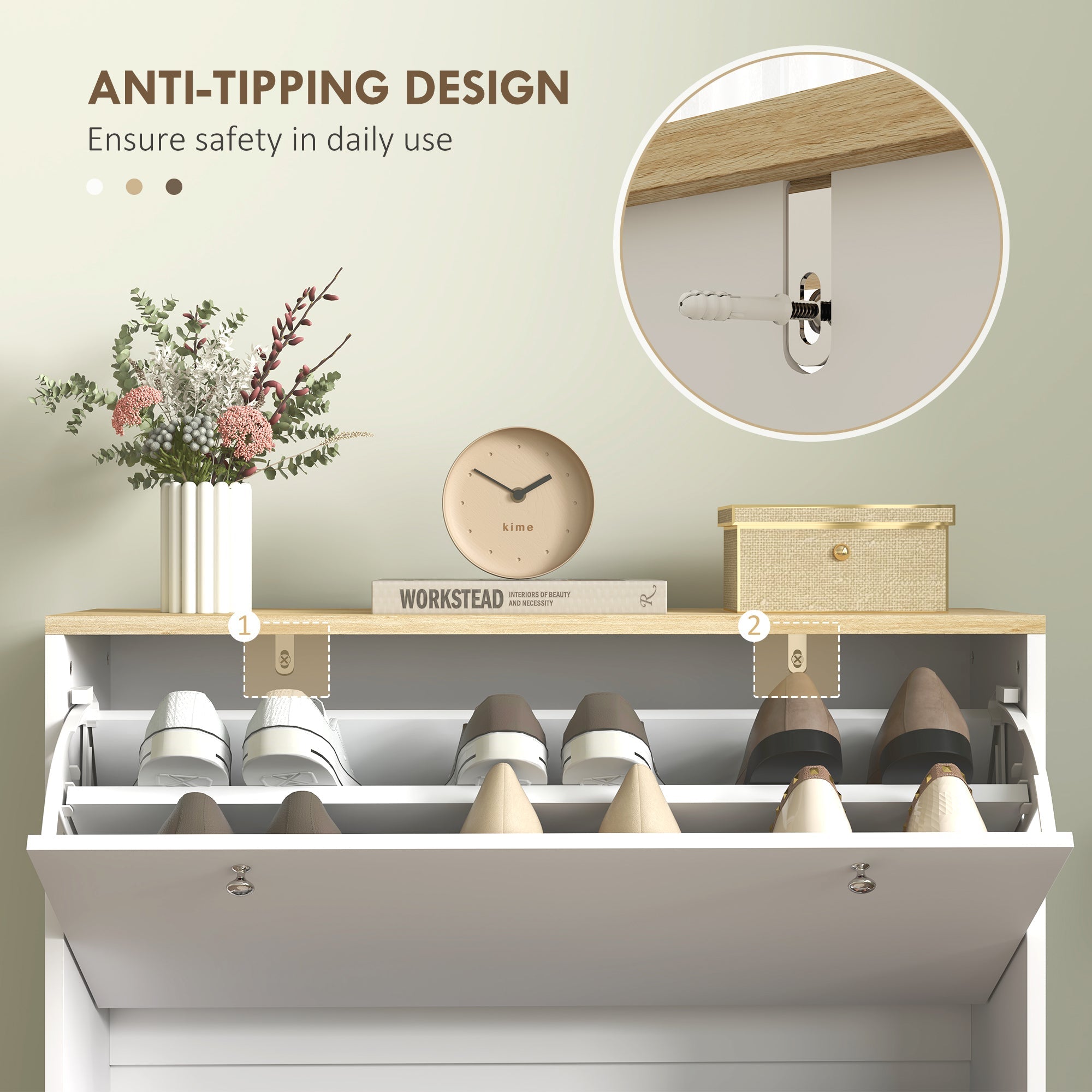 HOMCOM 2 Drawers Shoe Storage Cabinet with Adjustable Shelves for 16 Pairs of Shoes, White 