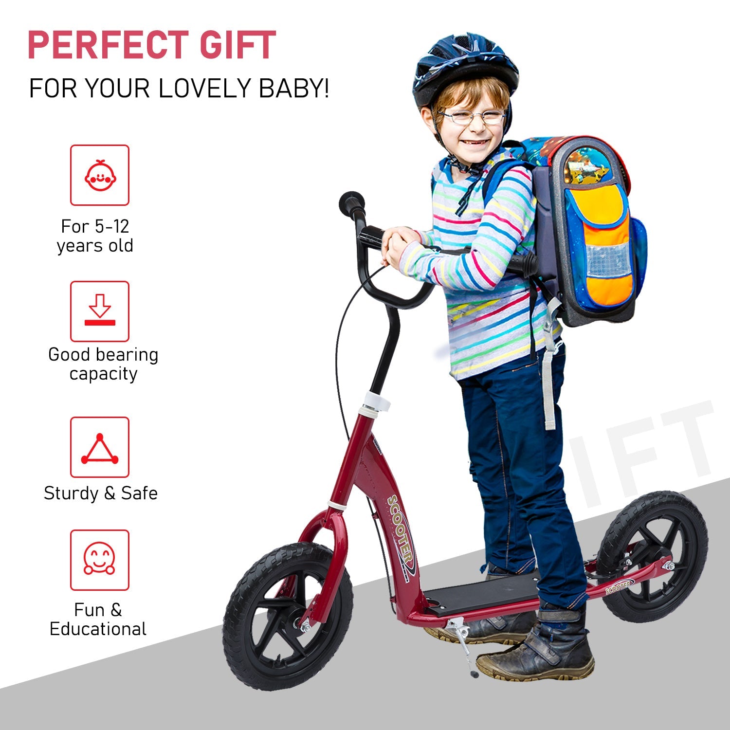 HOMCOM Kids Scooter Street Bike Bicycle for Teens Ride on Toy w/ 12'' Tire for 5+ Year Old Red 