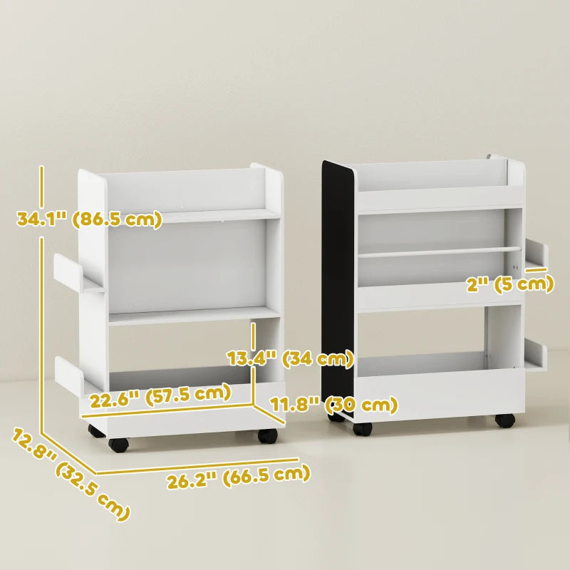 Qaba Kids Bookshelf, Kids Bookcase with Wheels & Blackboard, for Nursery, Kids Room, Playroom, for 3-8 Years
