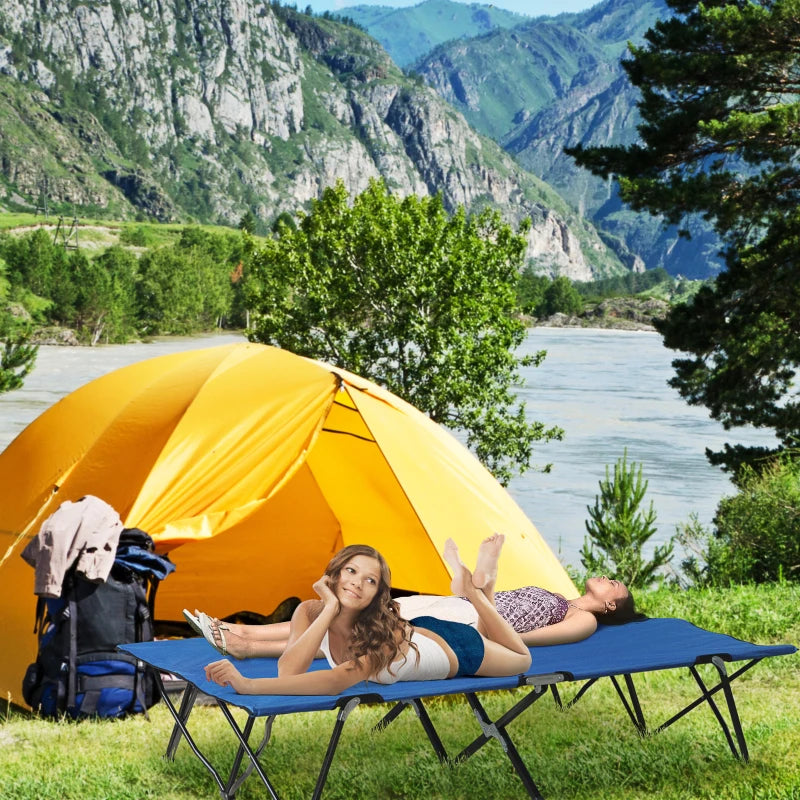 76" Two Person Folding Camping Cot Outdoor Portable Double Cot Wide Military Sleeping Bed w/ Carrying Bag Blue