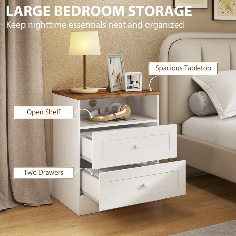 HOMCOM Nightstand Set of 2 with Charging Station, Bedside Tables with 2 Drawers, Open Shelf, AC Outlets, USB & USB-C Ports, White & Oak
