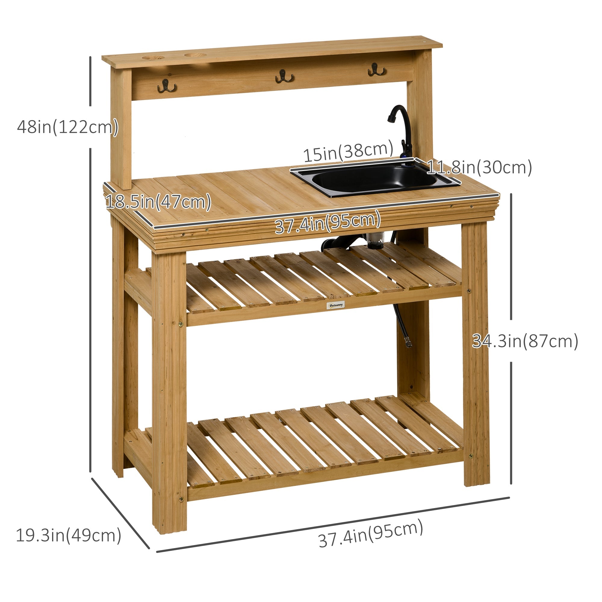Outsunny Outdoor Potting Bench Table with Faucet, Removable Sink, Hooks and Storage Shelves, Wood Work Bench Workstation 