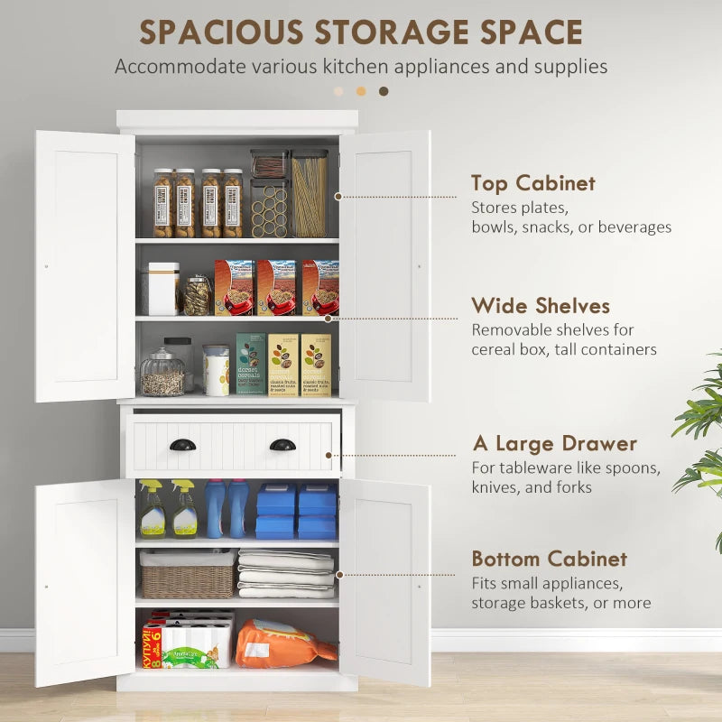 72" Kitchen Pantry, Freestanding Storage Cabinet with Adjustable Shelves, Drawer, Doors, Anti-tip Design, White