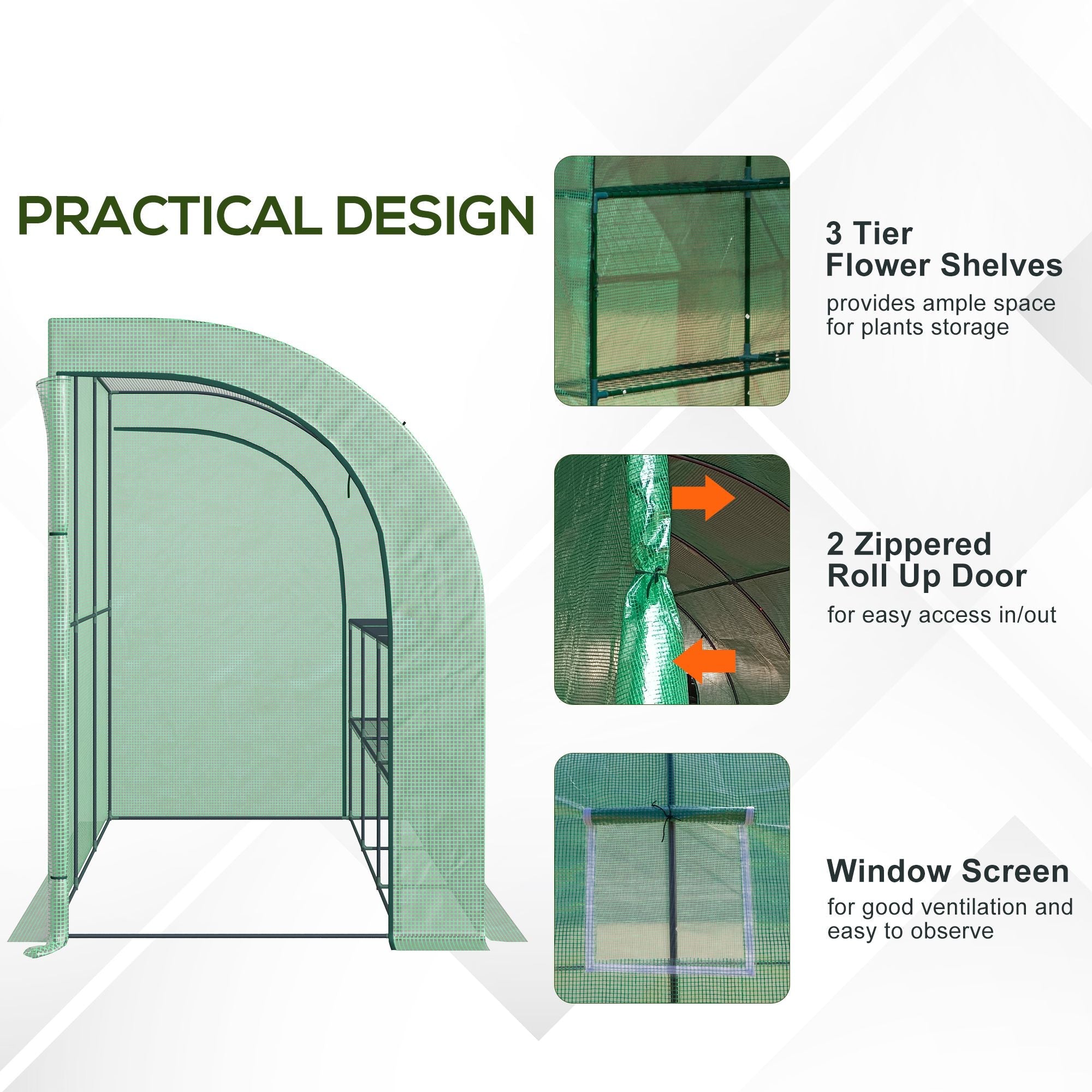 Outsunny Walk-in Wall Lean-to Greenhouse, 10' x 5' x 7' Outdoor Gardening Green House with PE Cover, Windows, Shelves and 2 Zipper Doors, Green 