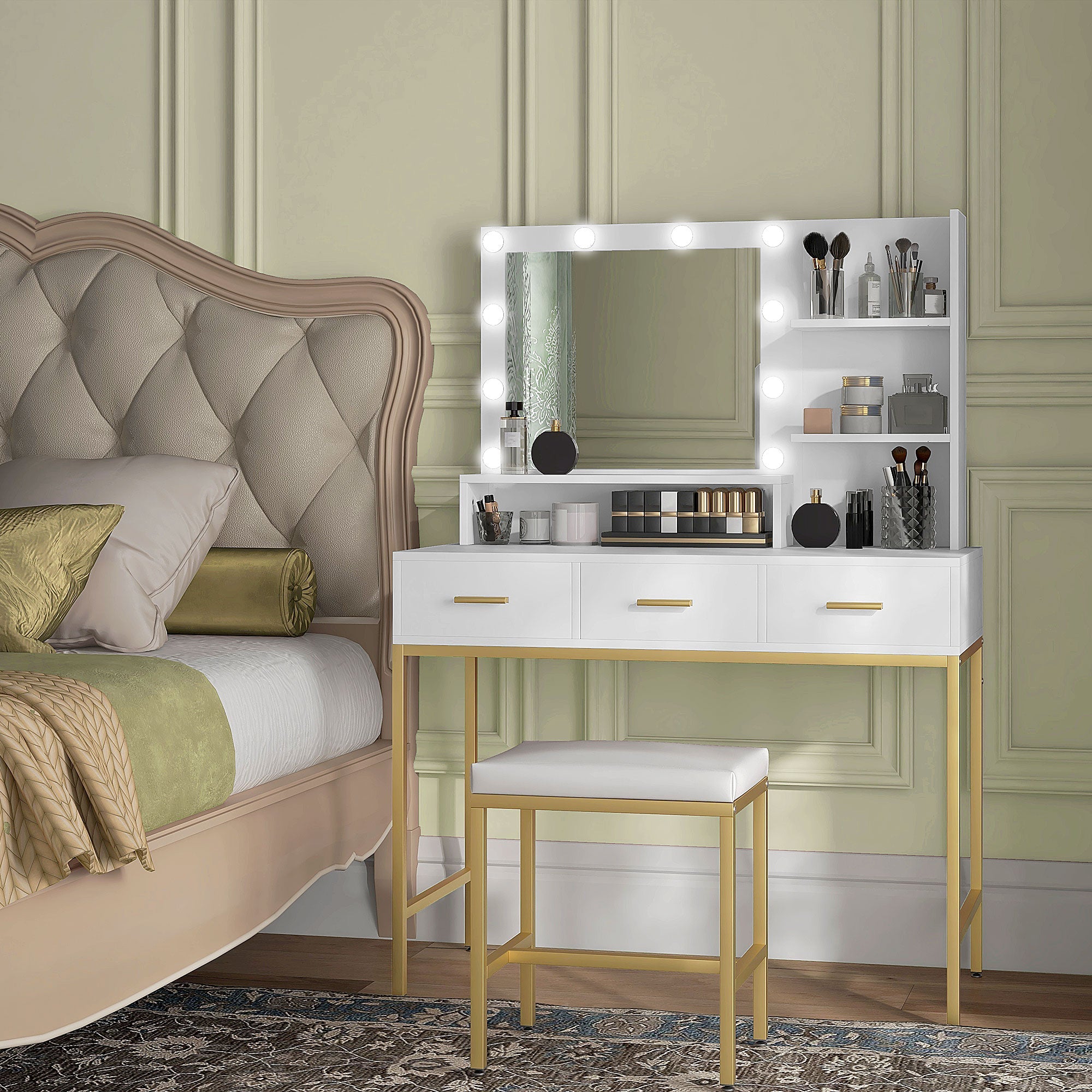HOMCOM Illuminated Dressing Table, LED Vanity Table with Mirror, 3 Drawers and Storage Shelves for Bedroom, White 