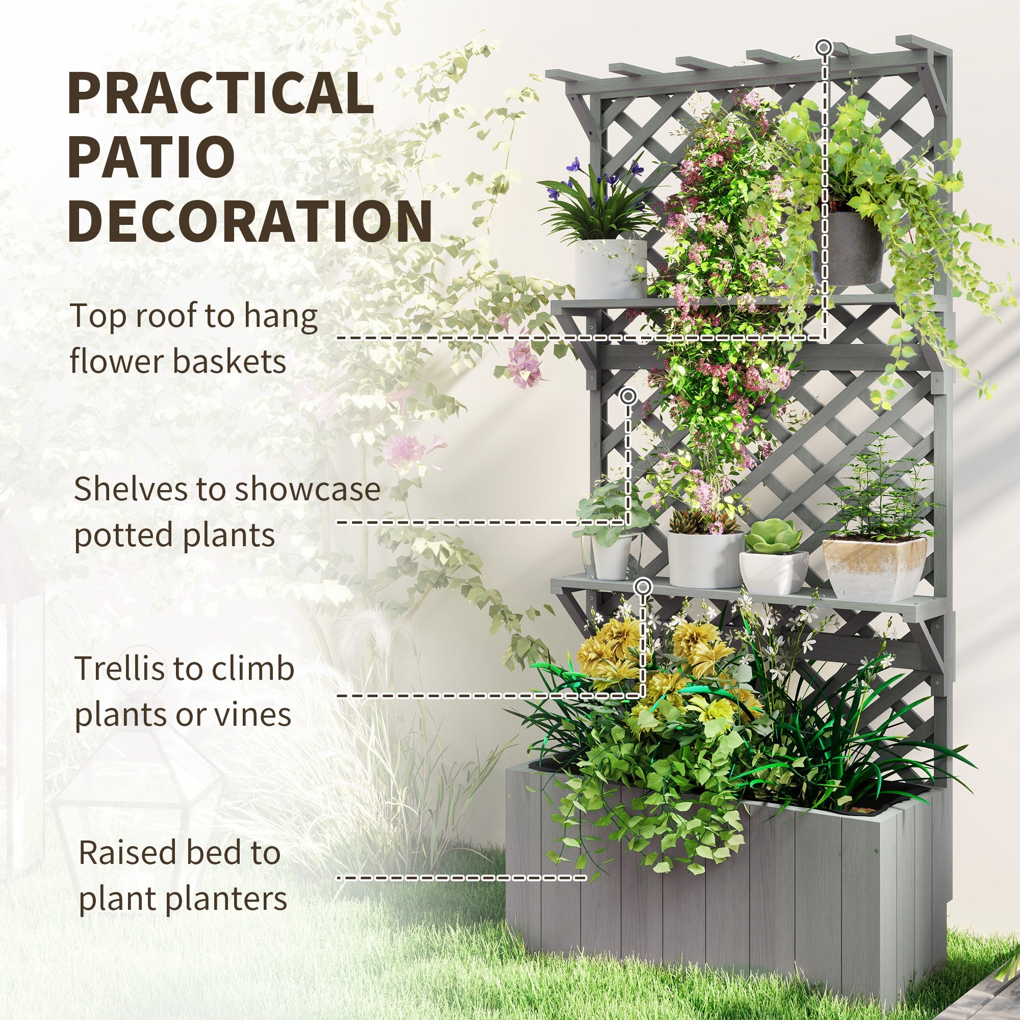 Outsunny Raised Garden Bed, Wooden Planter with Trellis, Hanging Roof, Plant Shelf, Drainage Holes and Bed Liner, Grey 