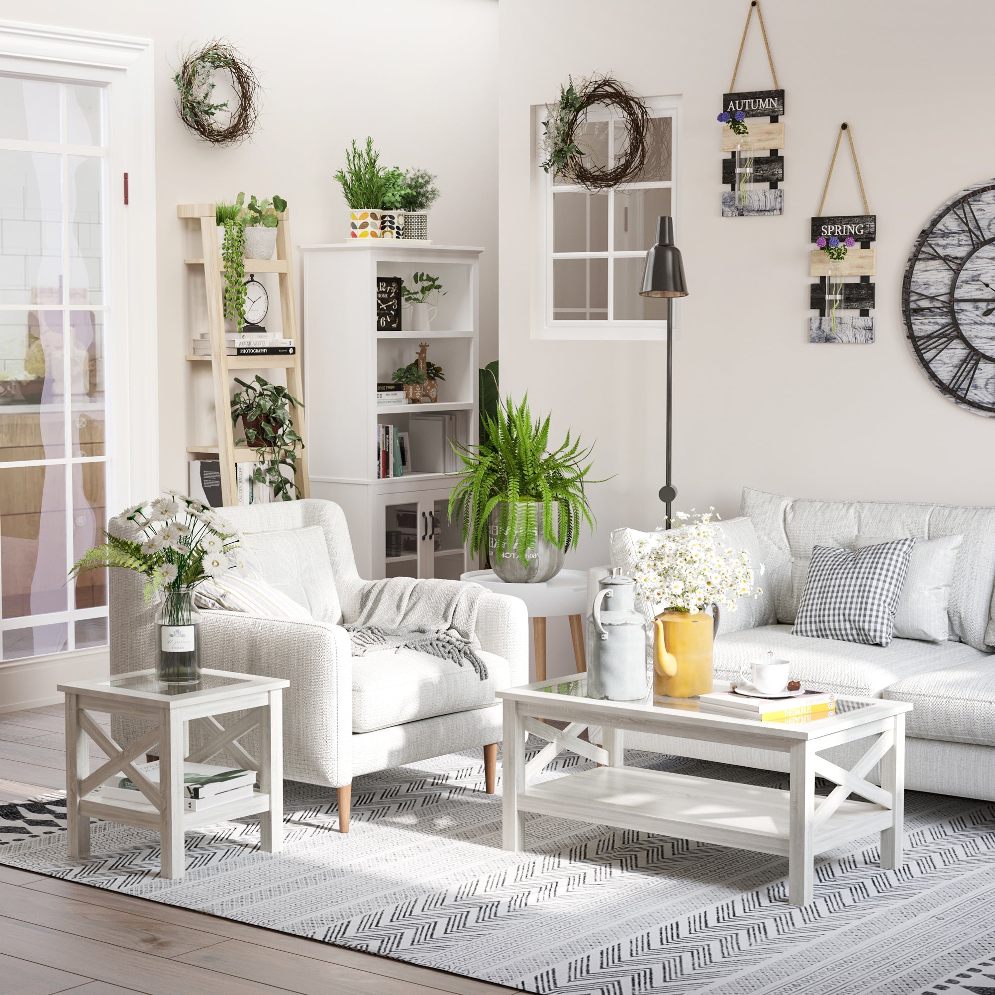 HOMCOM Farmhouse Glass Top Coffee Table: 2-Tier Center Table with Bottom Storage Shelf for Living Room, Bedroom 