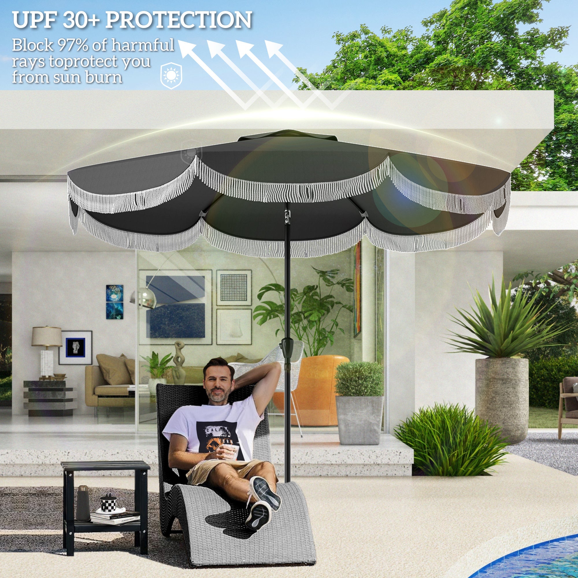 Outsunny 9FT Patio Umbrella Parasol, UPF 30+ Outdoor Market Umbrella with Crank, 8 Ribs, Push Button Tilt, Vented Patio Table Umbrella for Deck Backyard Lawn, Charcoal Grey 