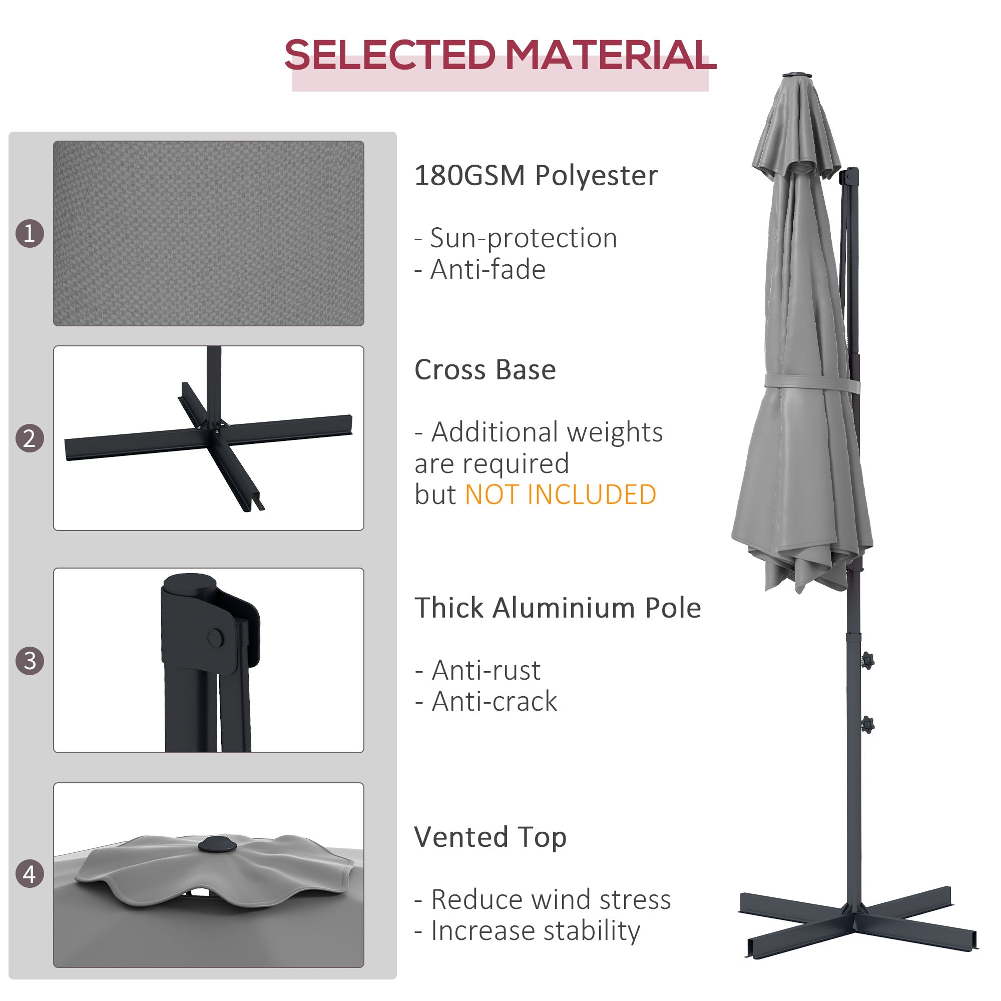 Outsunny Sunshade Sanctuary: 10FT Offset Cantilever Umbrella with 360° Rotating Aluminum Frame, Crank Lift 8 Ribs Cross Base Grey 