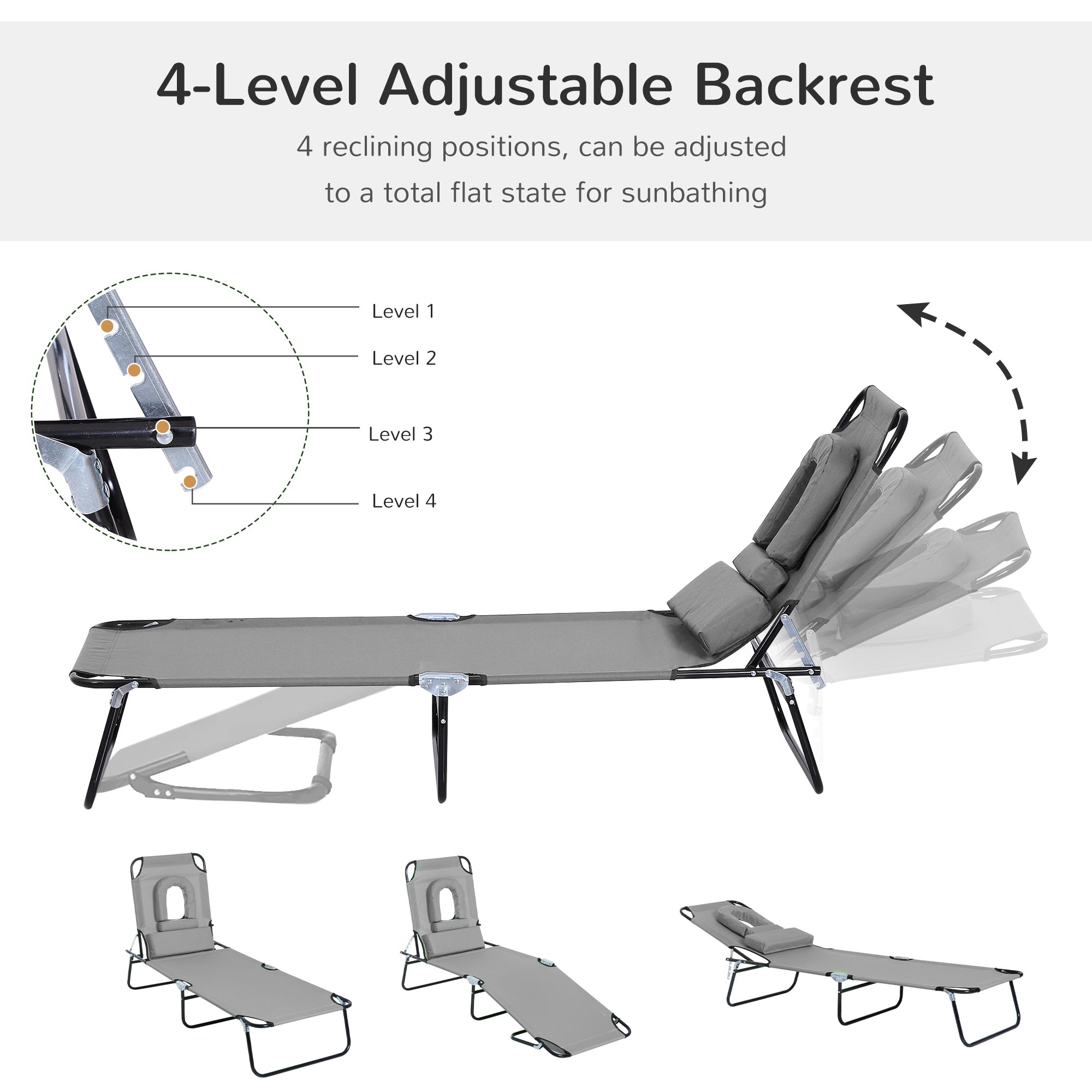 Outsunny Garden Sun Lounger Adjustable with Reading Hole Outdoor Reclining Seat Folding Camping Beach Bed Grey 