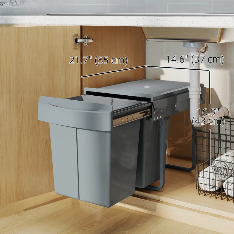 Pull Out Trash Can Under Cabinet, 10.6 Gallon (40L) Slide Out Garbage Can with 2 Removable Compartments, Grey