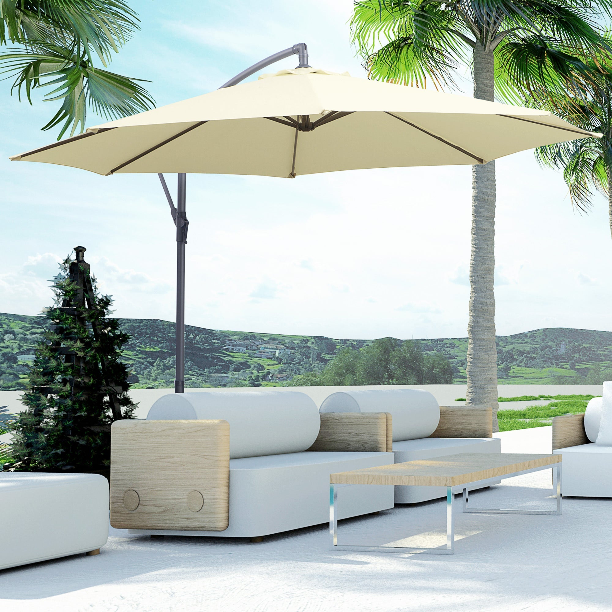 Outsunny Φ10FT Beige Deluxe Cantilever Umbrella Outdoor Market Parasol Hanging Offset Sunshade Crank Base 