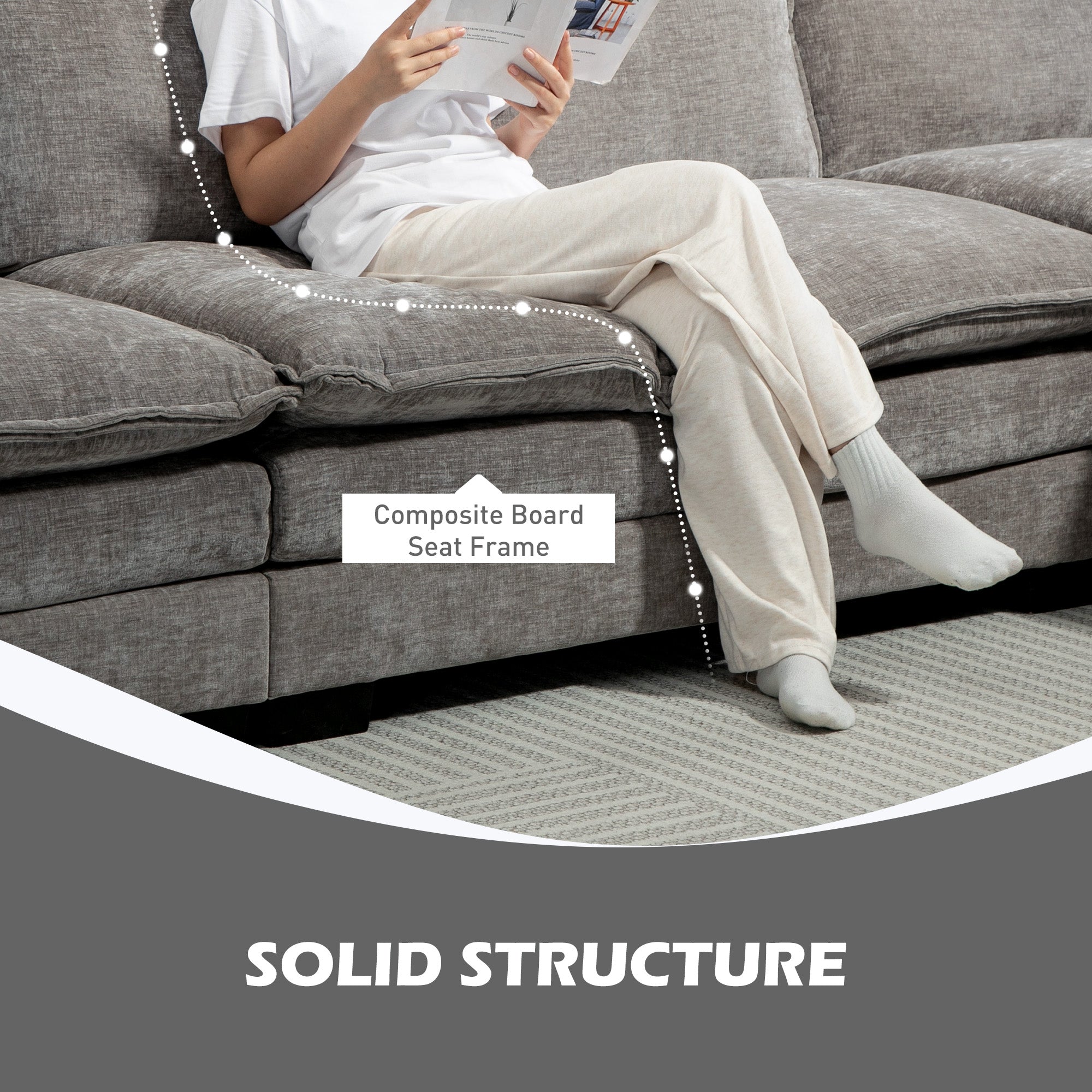 HOMCOM Sofa Couch with Chaise Lounge, Chenille L-shaped Couch with Double-layer Seat Cushion for Living Room, Grey 