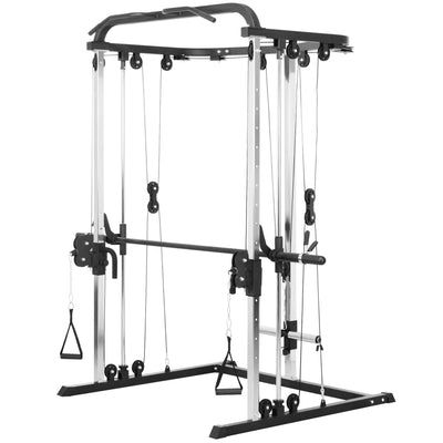 Soozier 3 In 1 Smith Machine Power Rack with Cable Crossover System, Pull up Station, 16-Level Squat Rack and Barbell Bar 
