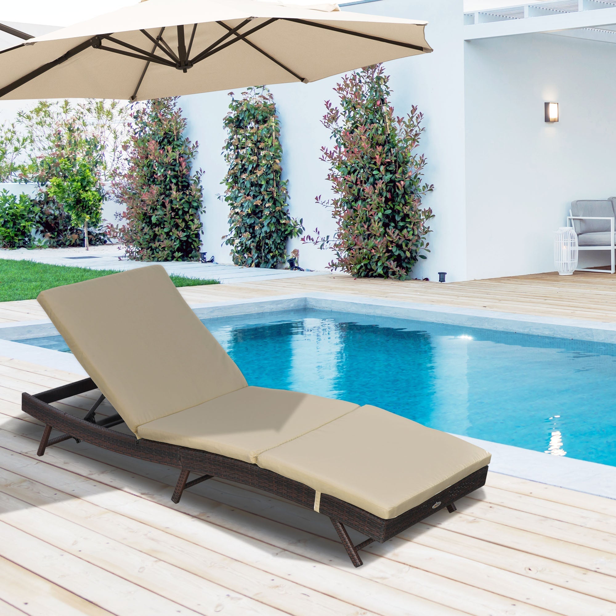 Outsunny Wicker Patio Lounger, Outdoor Recliners Lounge Chair w/ 5-Level Adjustable Backrest, Cushion for Outdoor, Khaki 