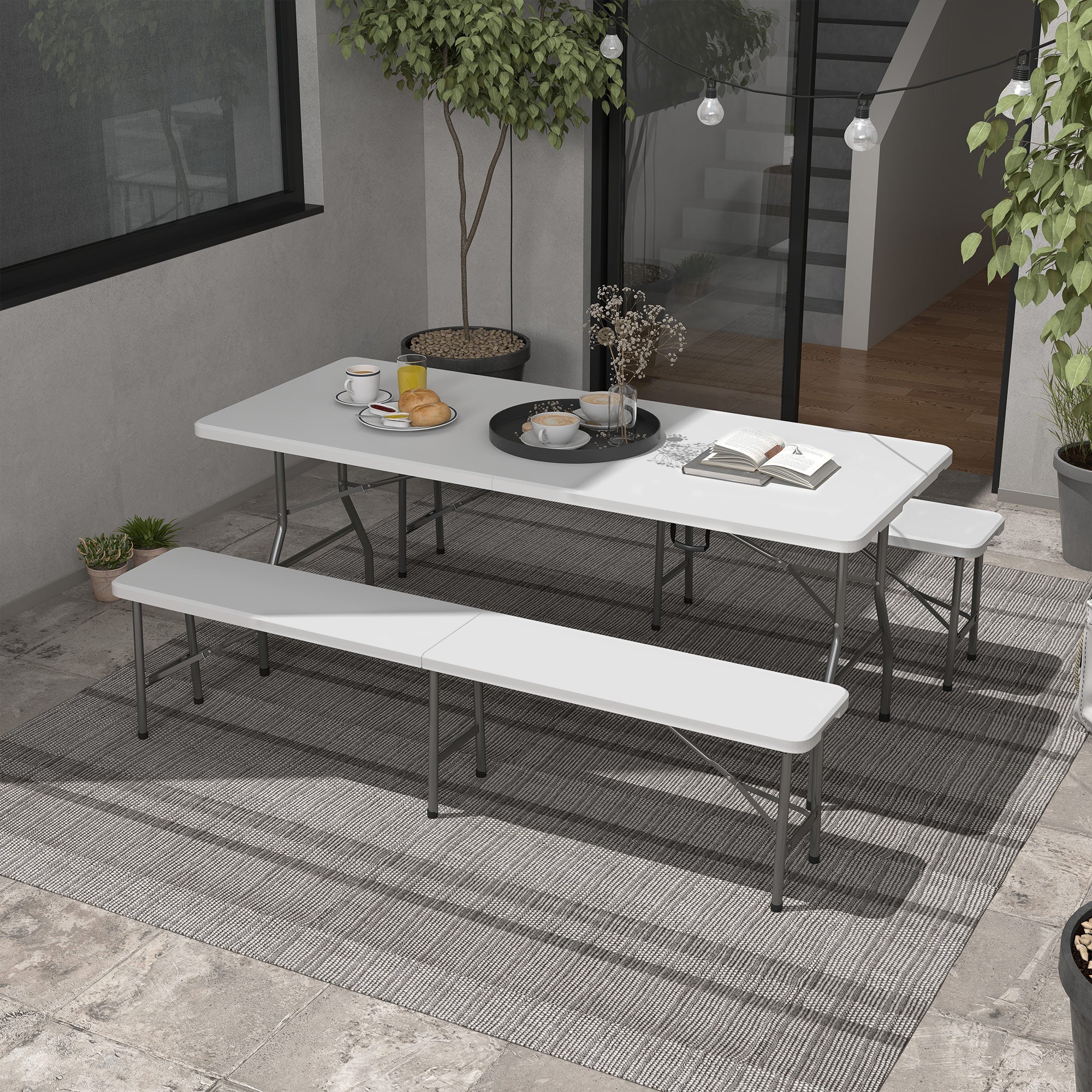 Outsunny 72" Folding Picnic Table Set, 2 Benches, 3-Piece Outdoor HDPE German Style Biergarten Foldable Beer Table for 6, White 