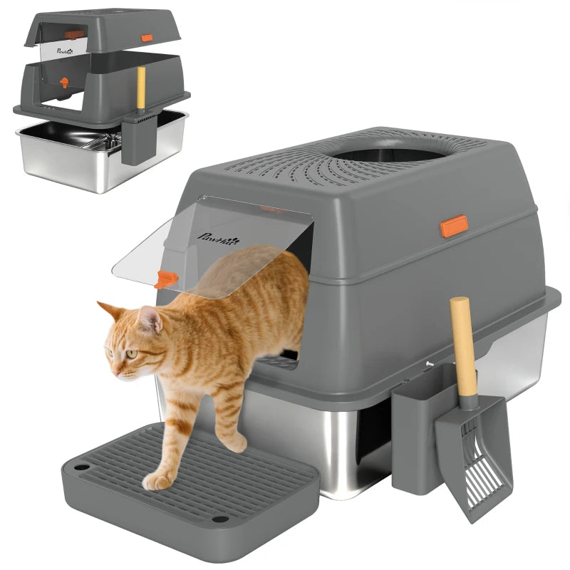 XL Stainless Steel Cat Litter Box, 80L Kitty Litter Box with Front/Top Entry, Trapping Step, Scoop, for Large Big Cats