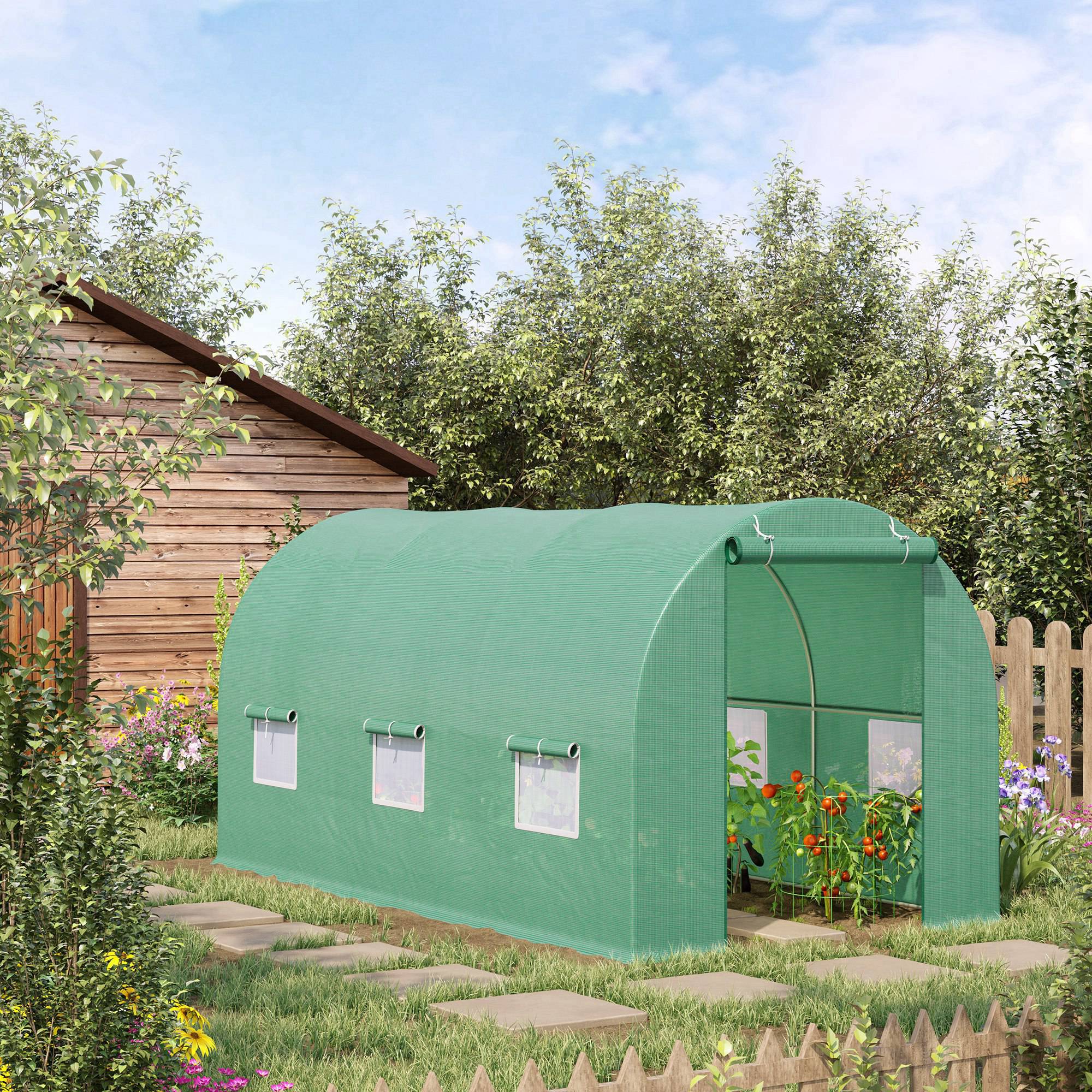 Outsunny Walk-in Tunnel Greenhouse 15' x 6.6' x 6.6' with Roll Up Door Windows Outdoor Plant Growing Hot House 