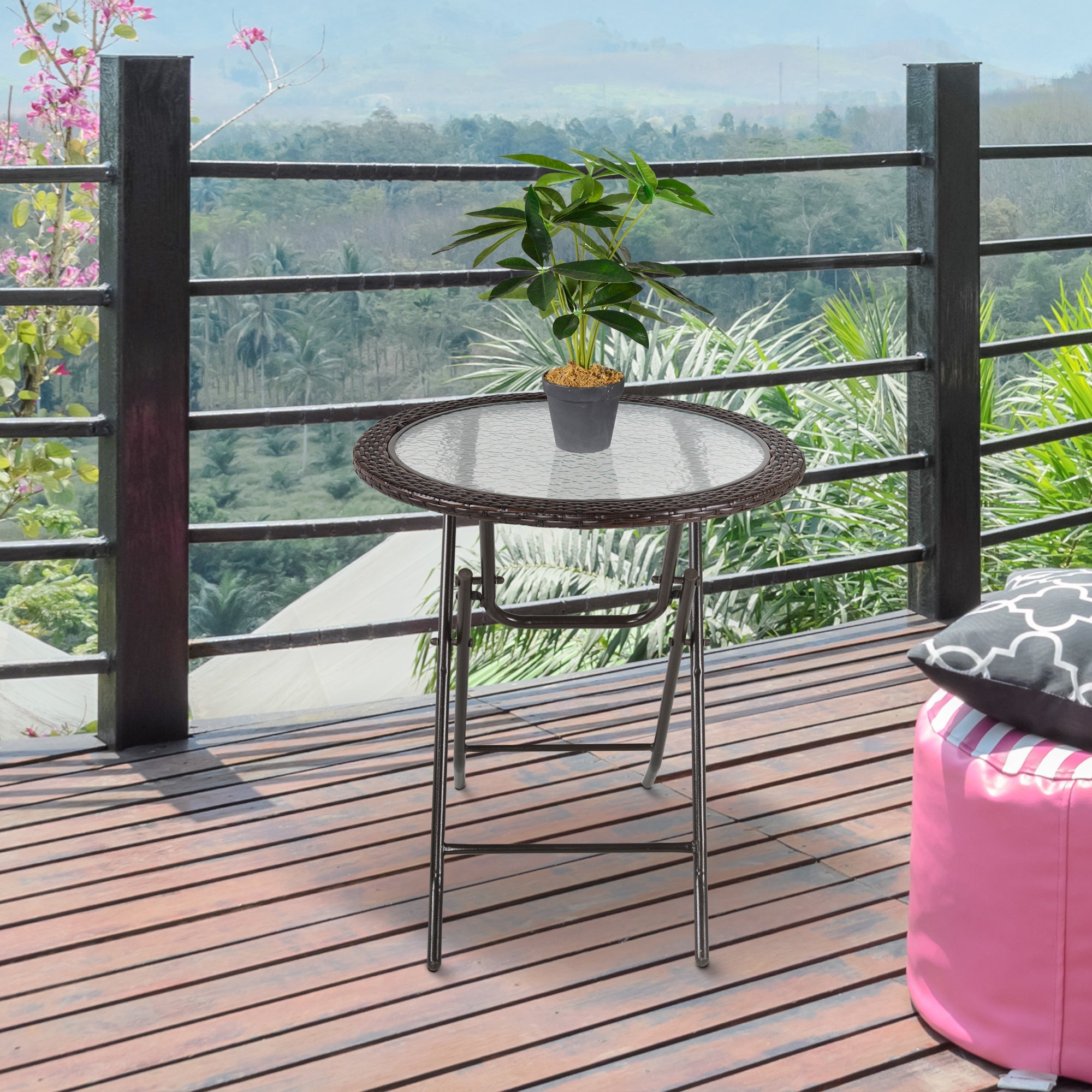 Outsunny Folding Round Table Tempered Glass Metal with Rattan Edging Brown 