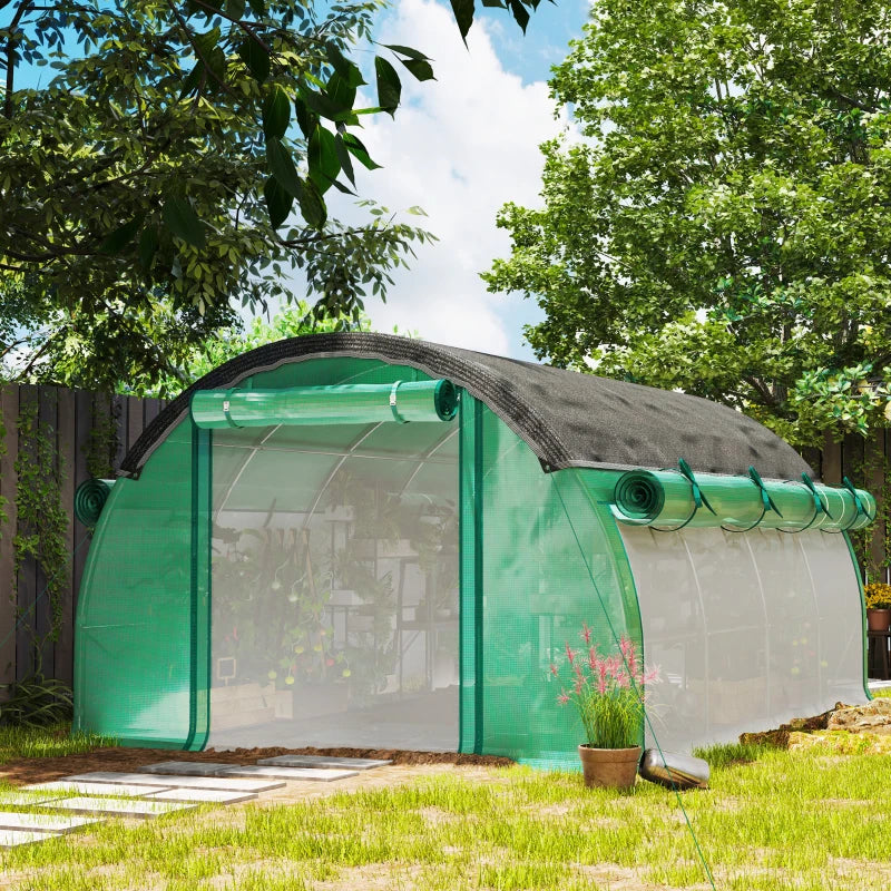 Walk-in Tunnel Greenhouse, Plant Hot House with Sunshade Net, Roll-up Mesh Sidewalls, 2 Doors, 10' x 13' x 6.5' , Green