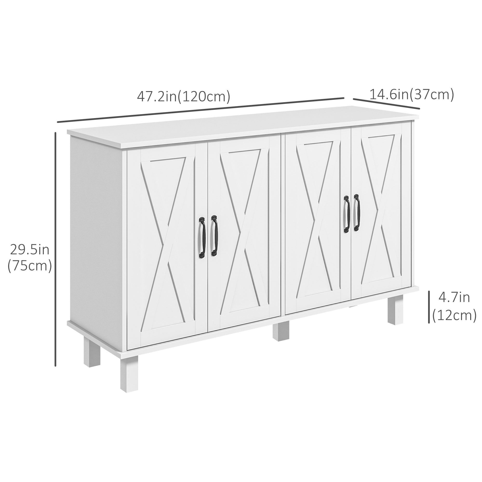 HOMCOM White 4-Door Buffet Table: Kitchen Sideboard Bar Cabinet with Barn Doors and 2 Adjustable Shelves for Living Room, Hallway 