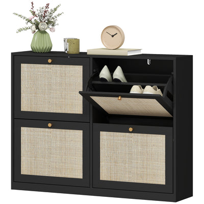 HOMCOM Narrow Shoe Storage Cabinet, Rattan Shoe Cabinet with 4 Flip Drawers and Adjustable Shelves for 20 Pairs, Black 