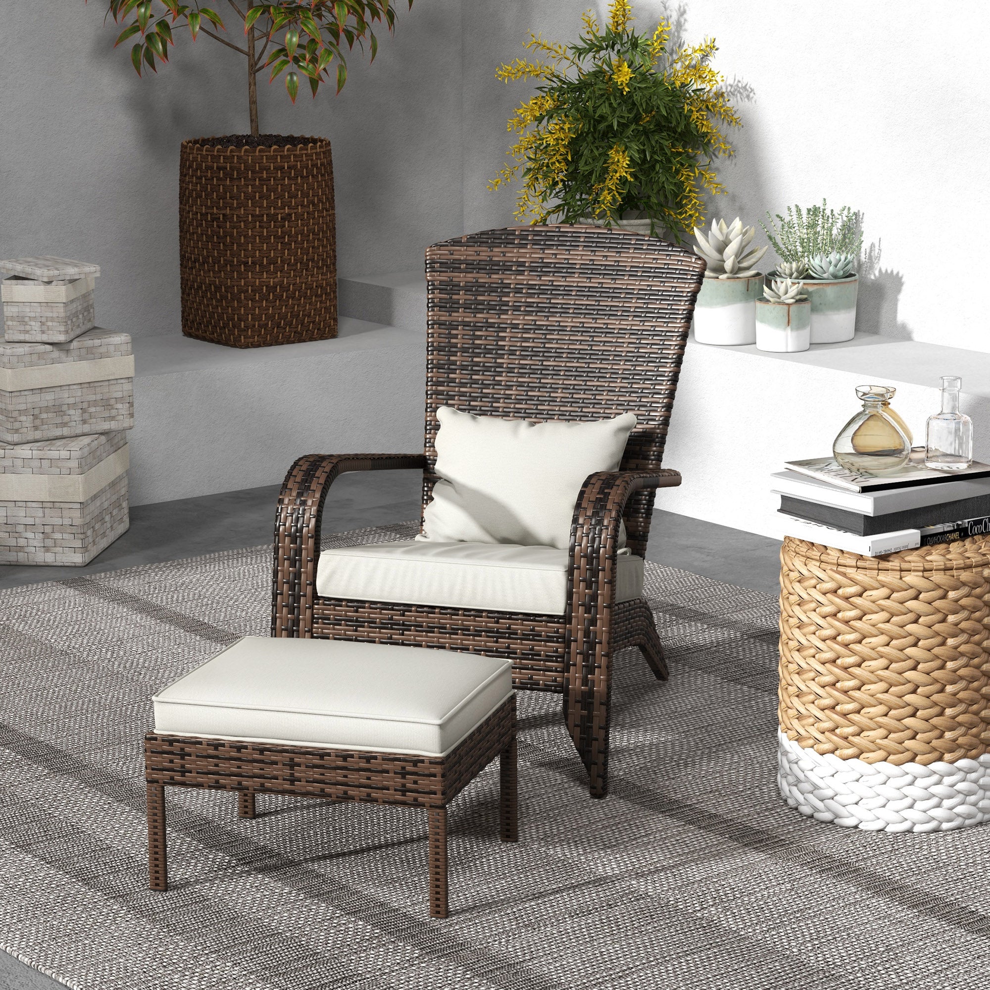 Outsunny Wicker Adirondack Chair with Ottoman, Patio Cushioned Muskoka Chair with Armrests Brown/Cream White 
