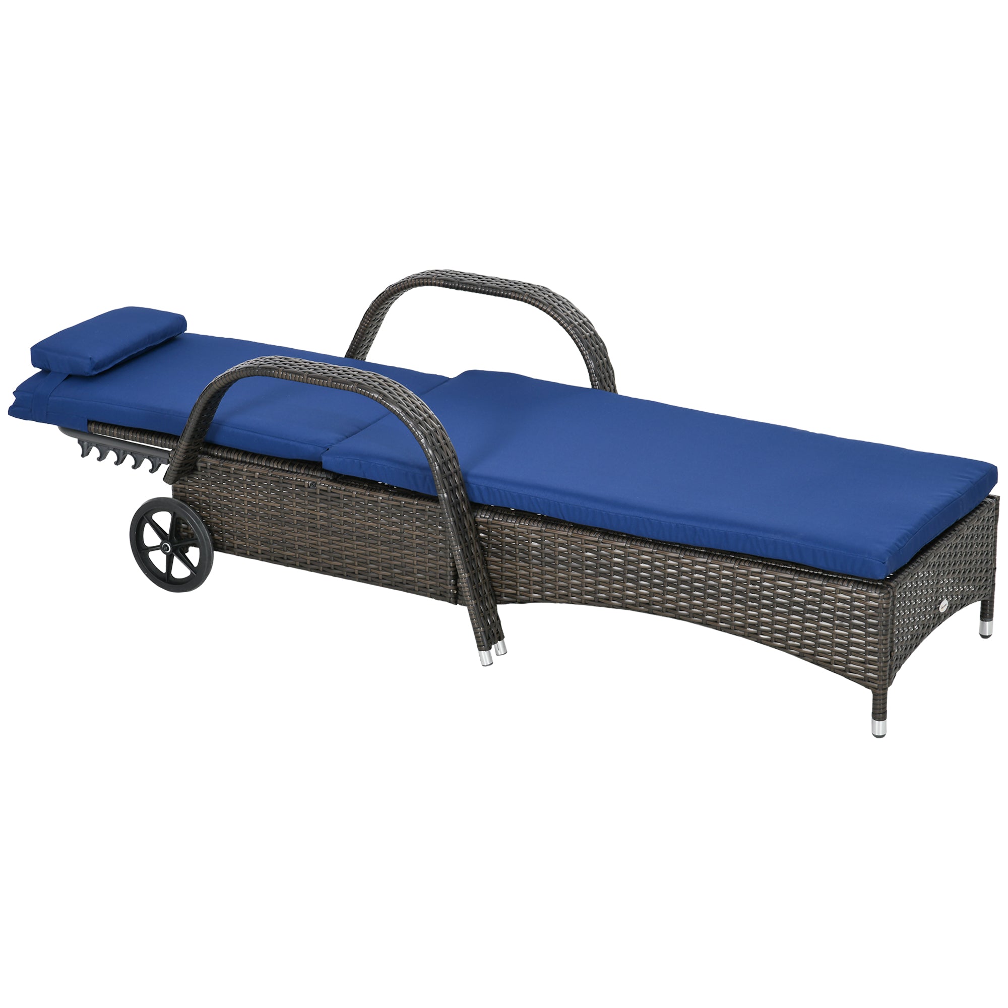 Outsunny Outdoor Lounger, Deck Lounge Chair with Headrest, 5-Level Adjustable, Backrest, Wheels, Mixed Brown and Dark Blue 