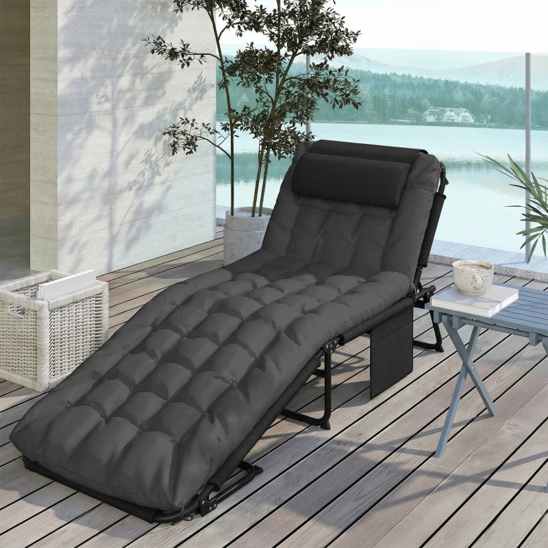 Folding Lounge Chair with 4-level Reclining Back & Cushion, Dark Grey