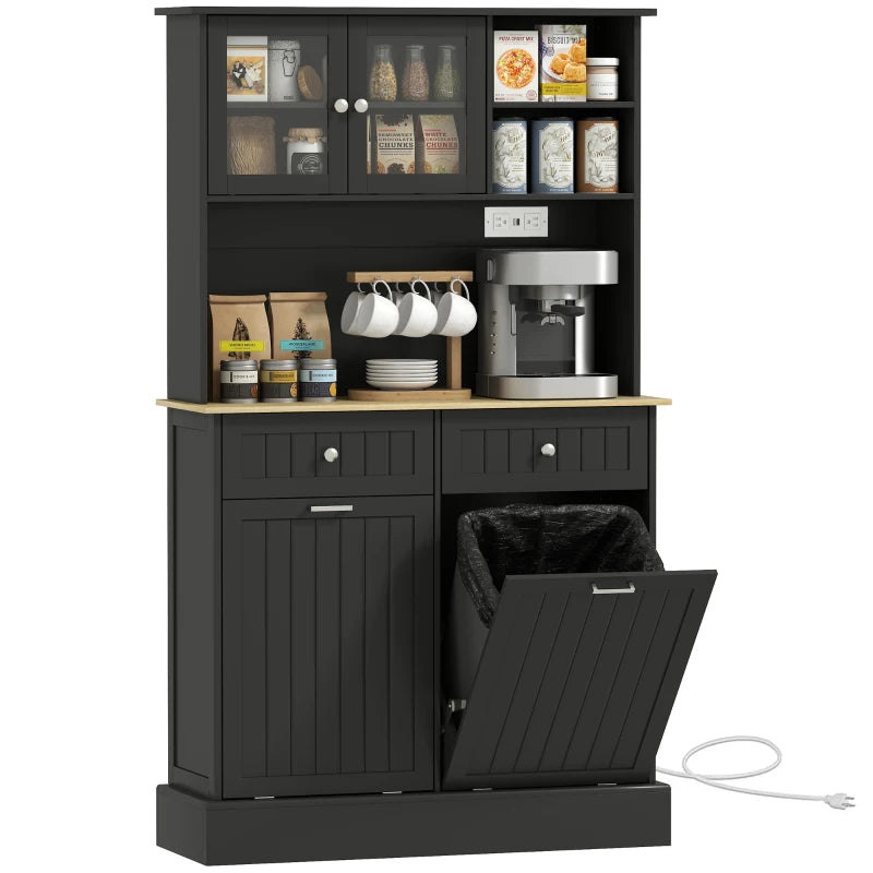 Kitchen Cabinet with Charging Station, 2 Tilt Out Cabinets, Microwave Stand, Freestanding Kitchen Pantry Cabinet, Black