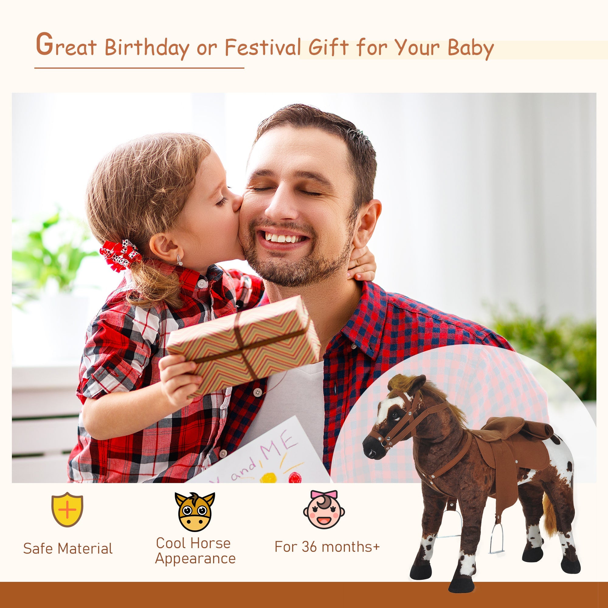 Qaba Plush Standing Ride-On Pony for Kids - Brown Cowboy Horse Toy with Neighing Sound 