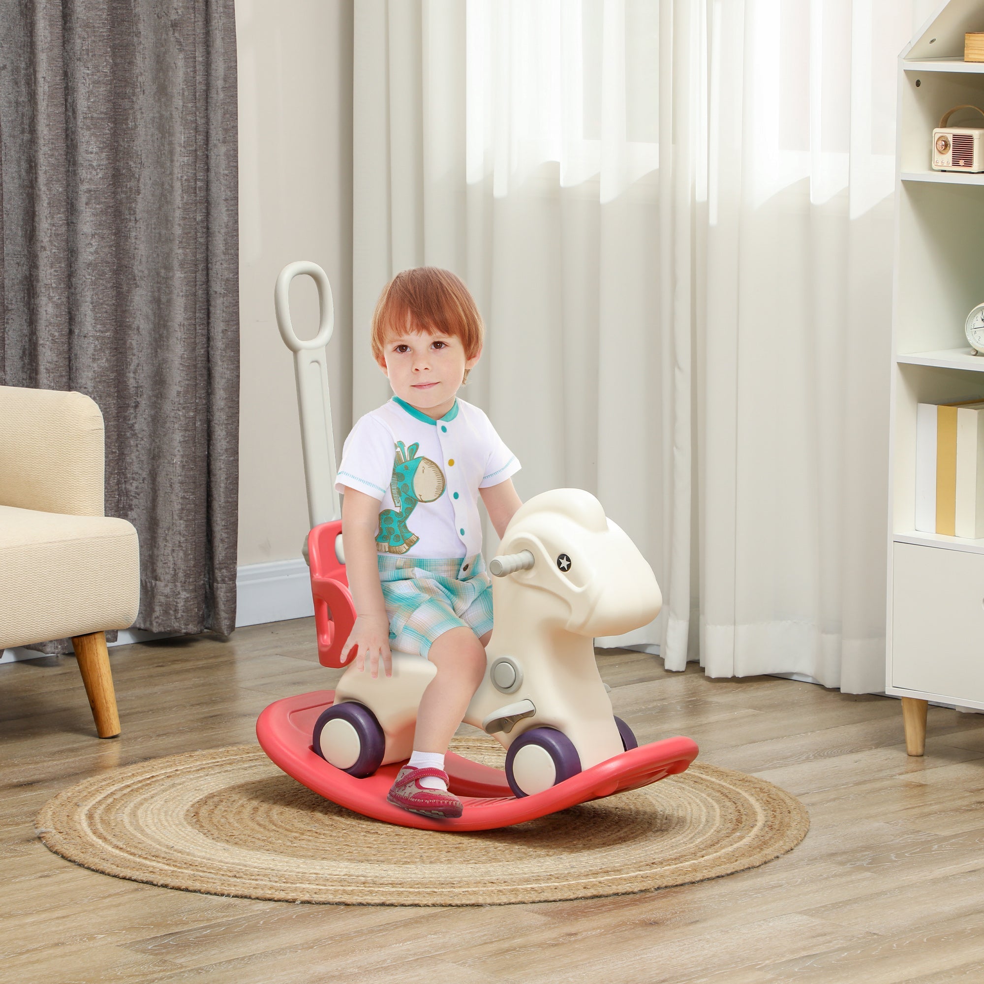 Qaba 4 in 1 Kids Rocking Horse w/ Detachable Balance Board & Push Handel, Red 