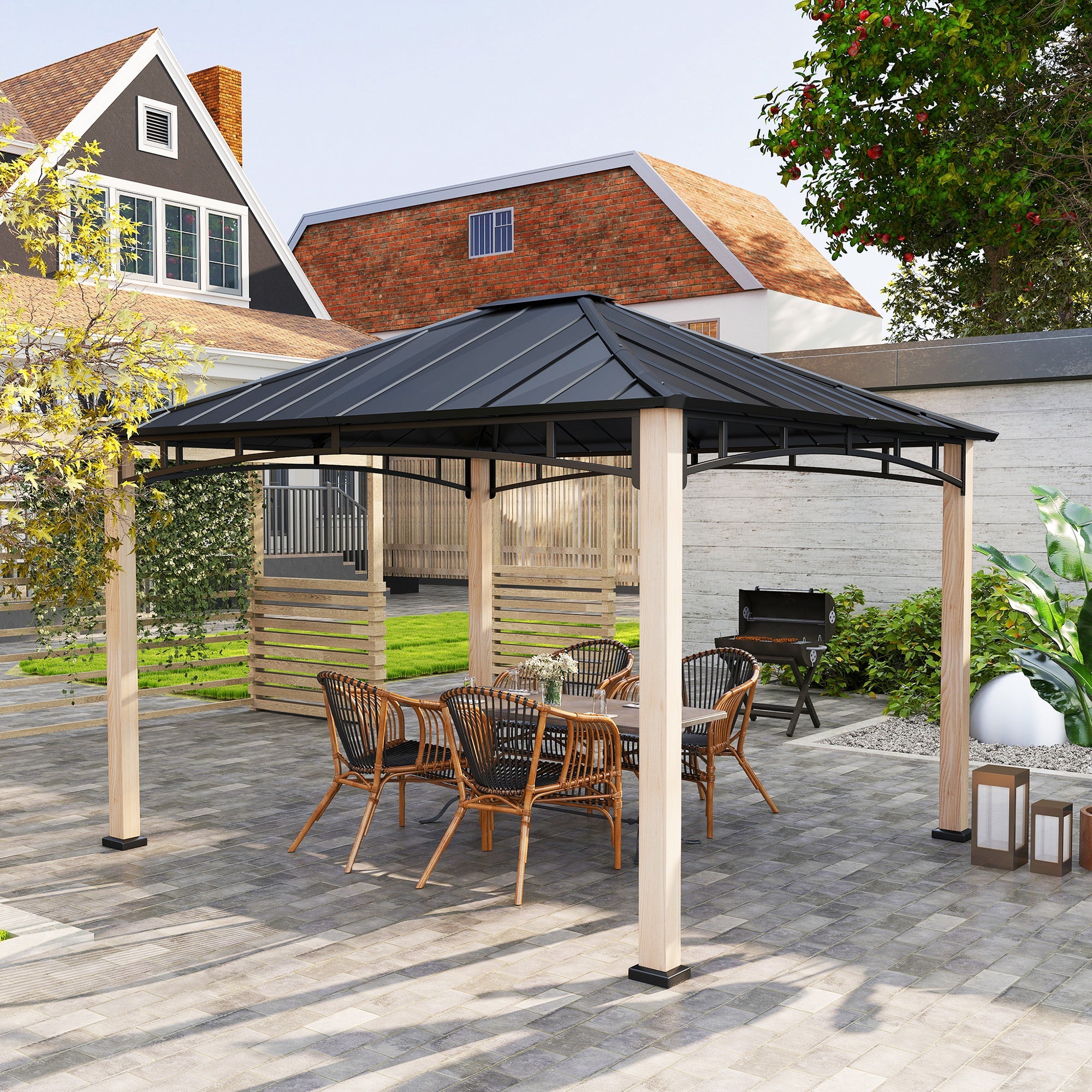 Outsunny 10' x 12' Hardtop Gazebo with Metal Roof, Wood Grain Frame Outdoor Gazebo Canopy for Patio, Garden, Backyard, Lawn 