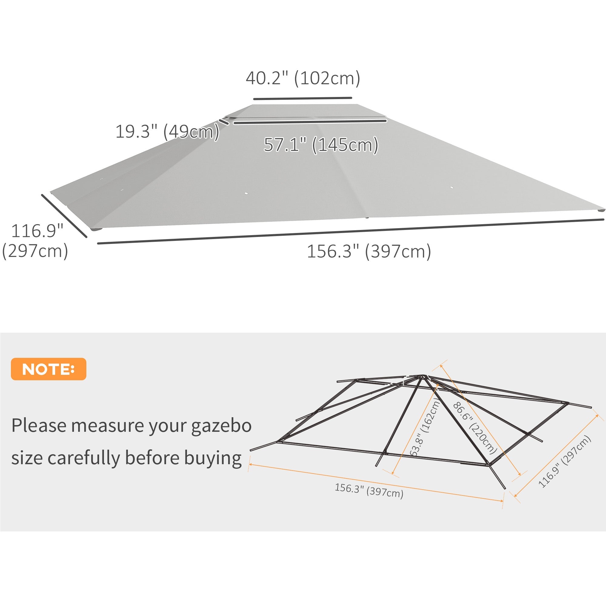 Outsunny 10x13ft Gazebo Roof Replacement Cover Top Cover Only for Outdoor Shelter Light Grey 