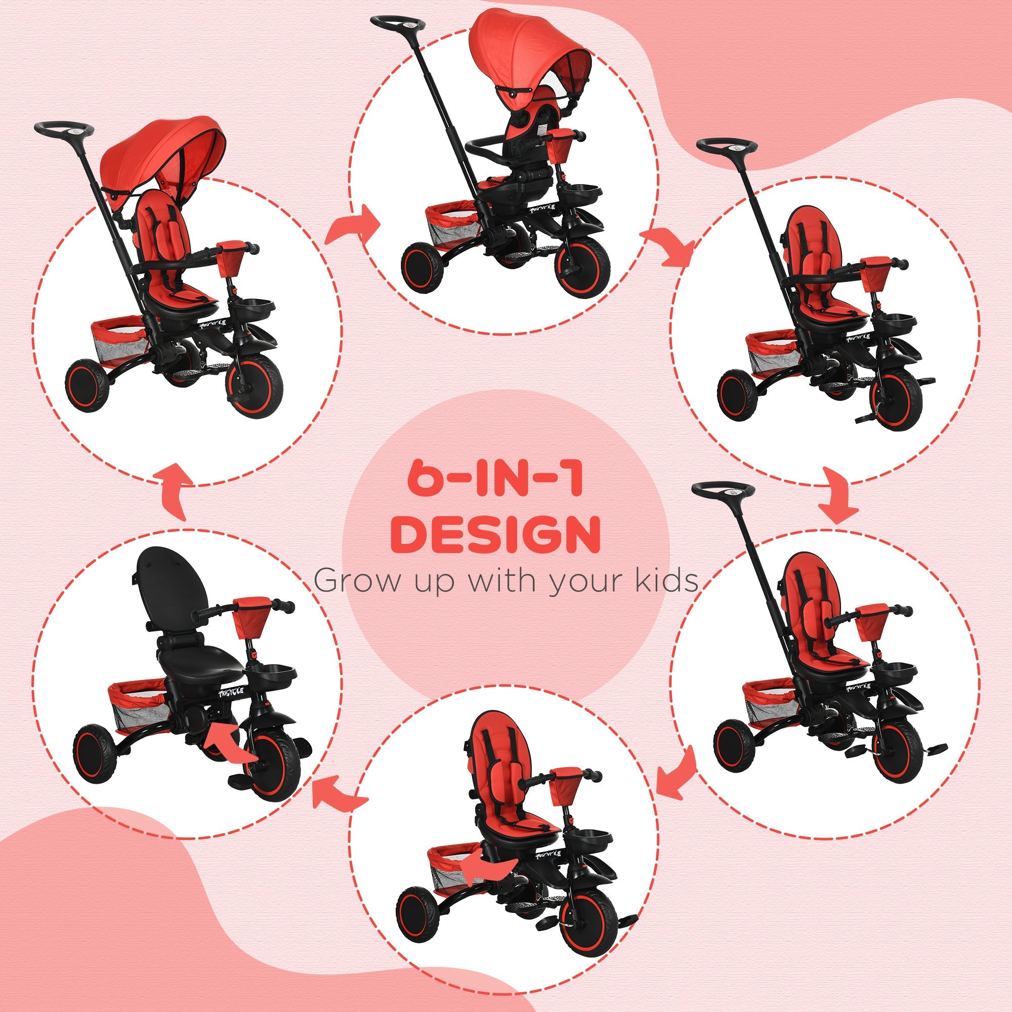 Aosom 6-in-1 Toddler Tricycle, Kids Trike with Rotatable Seat, Adjustable Push Handle, Safety Harness, Detachable Canopy, Red 