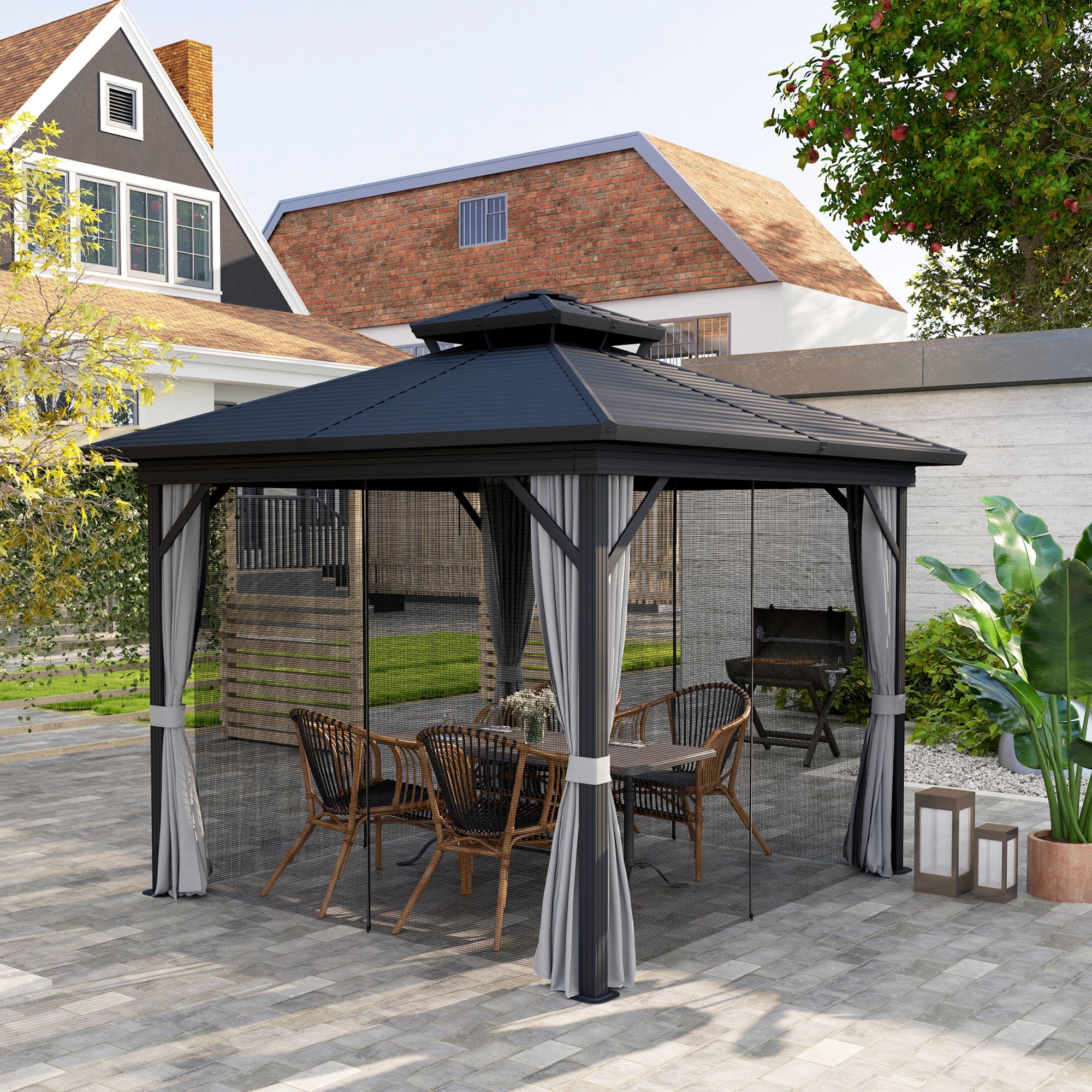 Outsunny 10' x 10' Hardtop Gazebo, Sun Shelter with Double Tier Metal Roof, Mosquito Netting, and Hanging Hook, Light Grey 