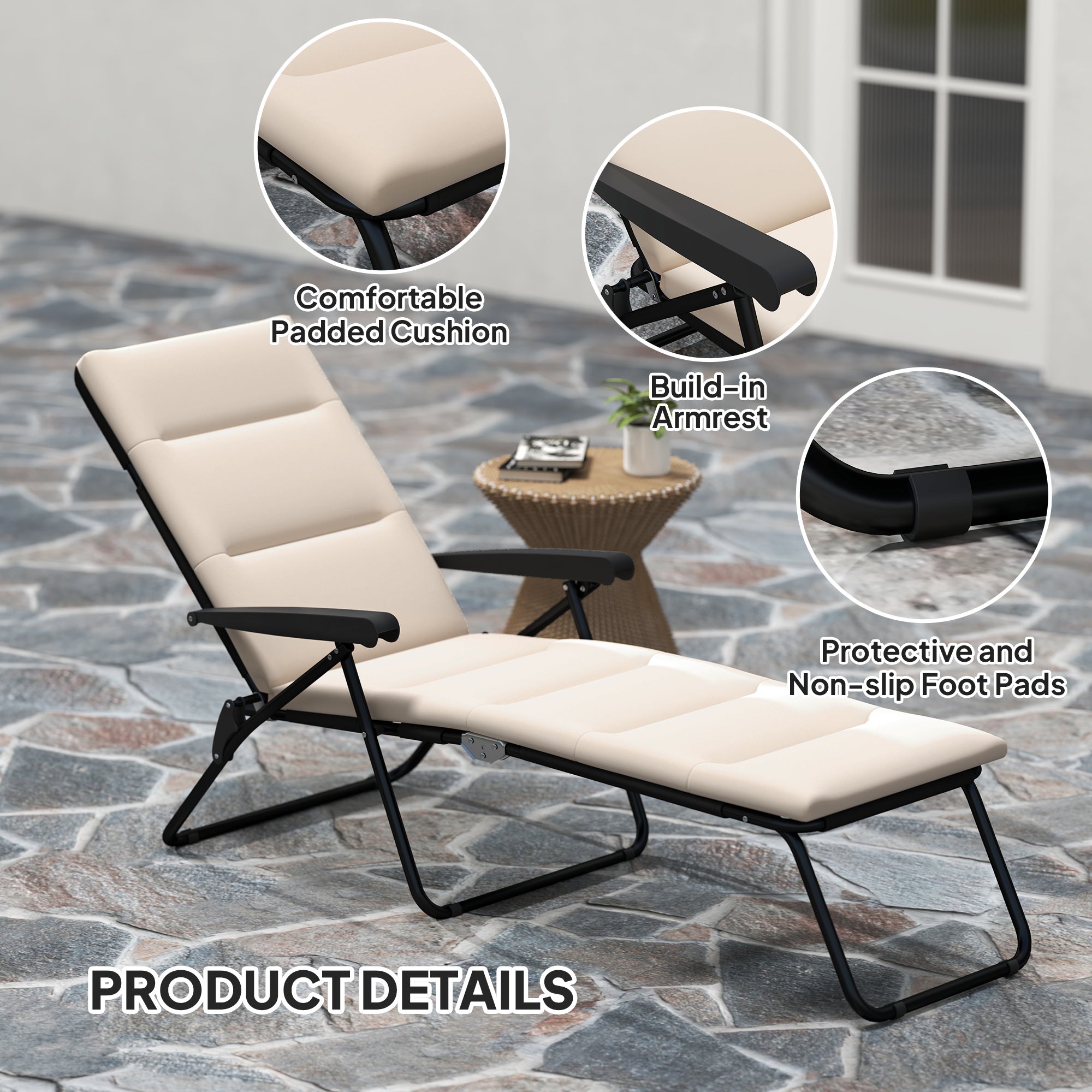Outsunny Foldable Lounge Chair, Reclining Patio Sun Lounger with 6-Position Adjustable Back, Beige 