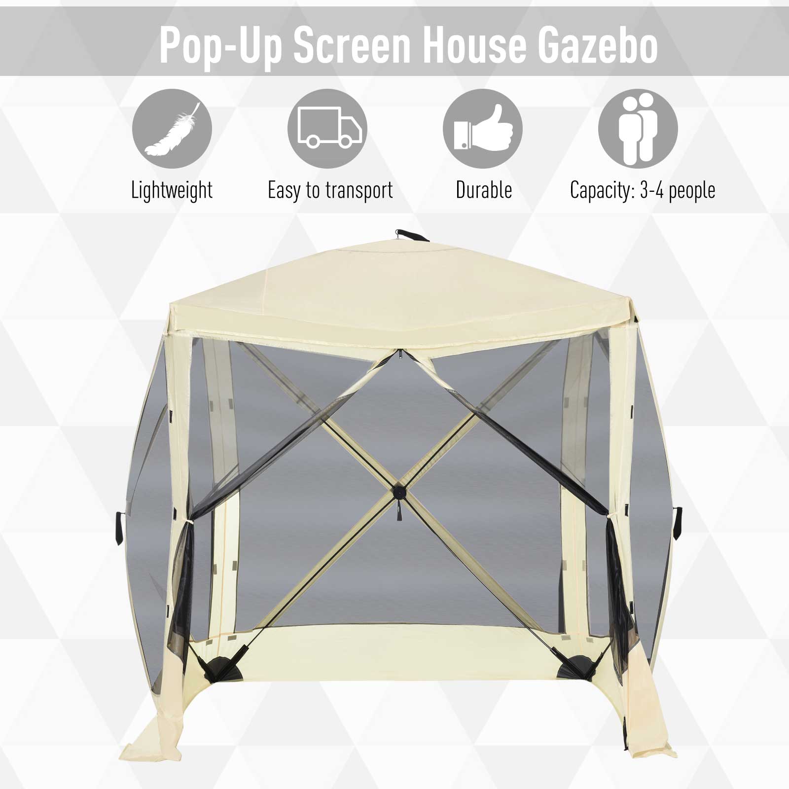 Outsunny Pop-Up Tent Foldable Screen House with Carry Bag Zippered Door Ground Stakes for 3-4 People Beige 