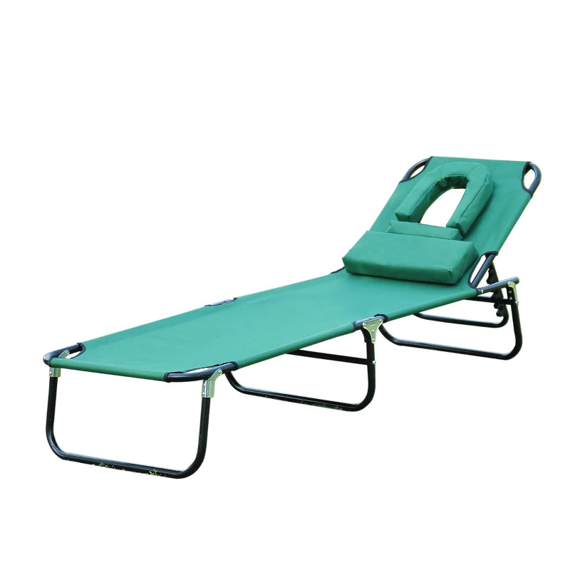 Folding Outdoor Lounge Chair, Portable Reclining Beach Lounger with Face Hole, Detachable Pillow, 3-Position Adjustable Backrest, For Patio, Garden, Poolside, Green